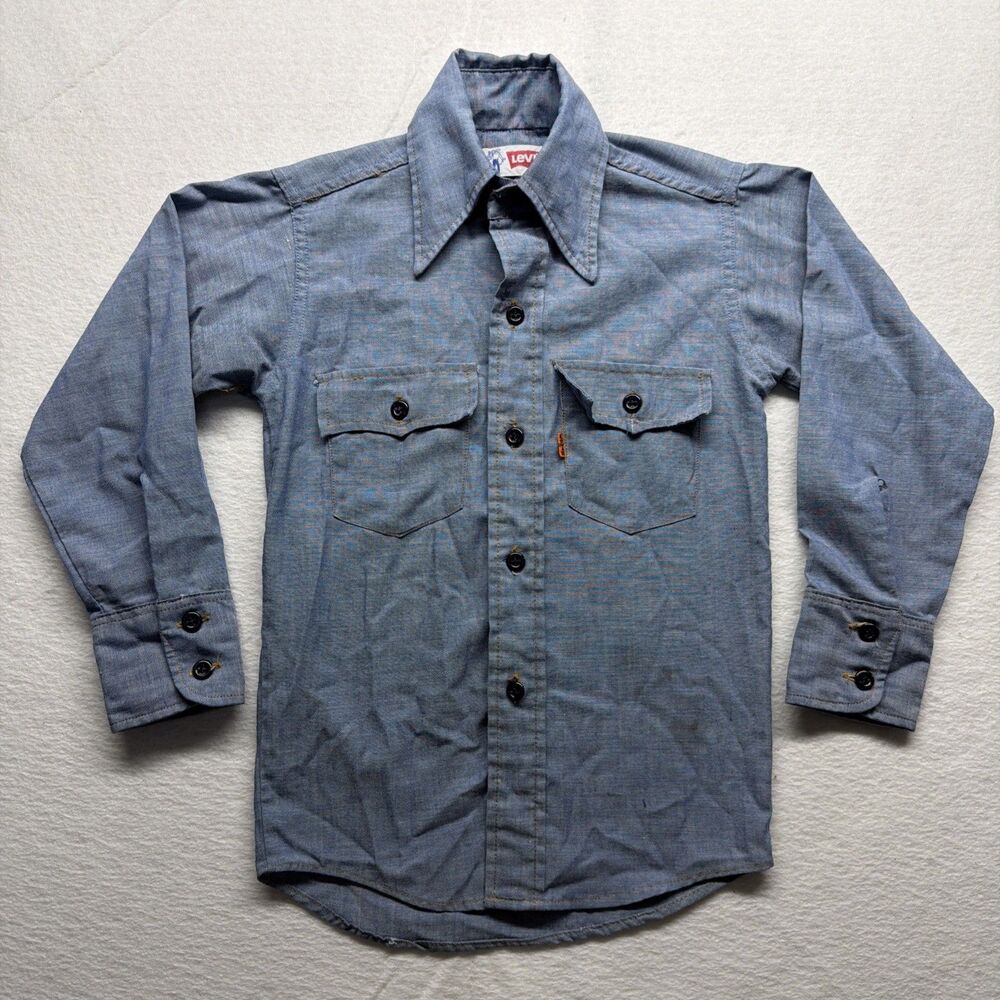 Vintage 60s Levis Orange Tab Chambray Shirt Penguin Embroidered Western Youth L